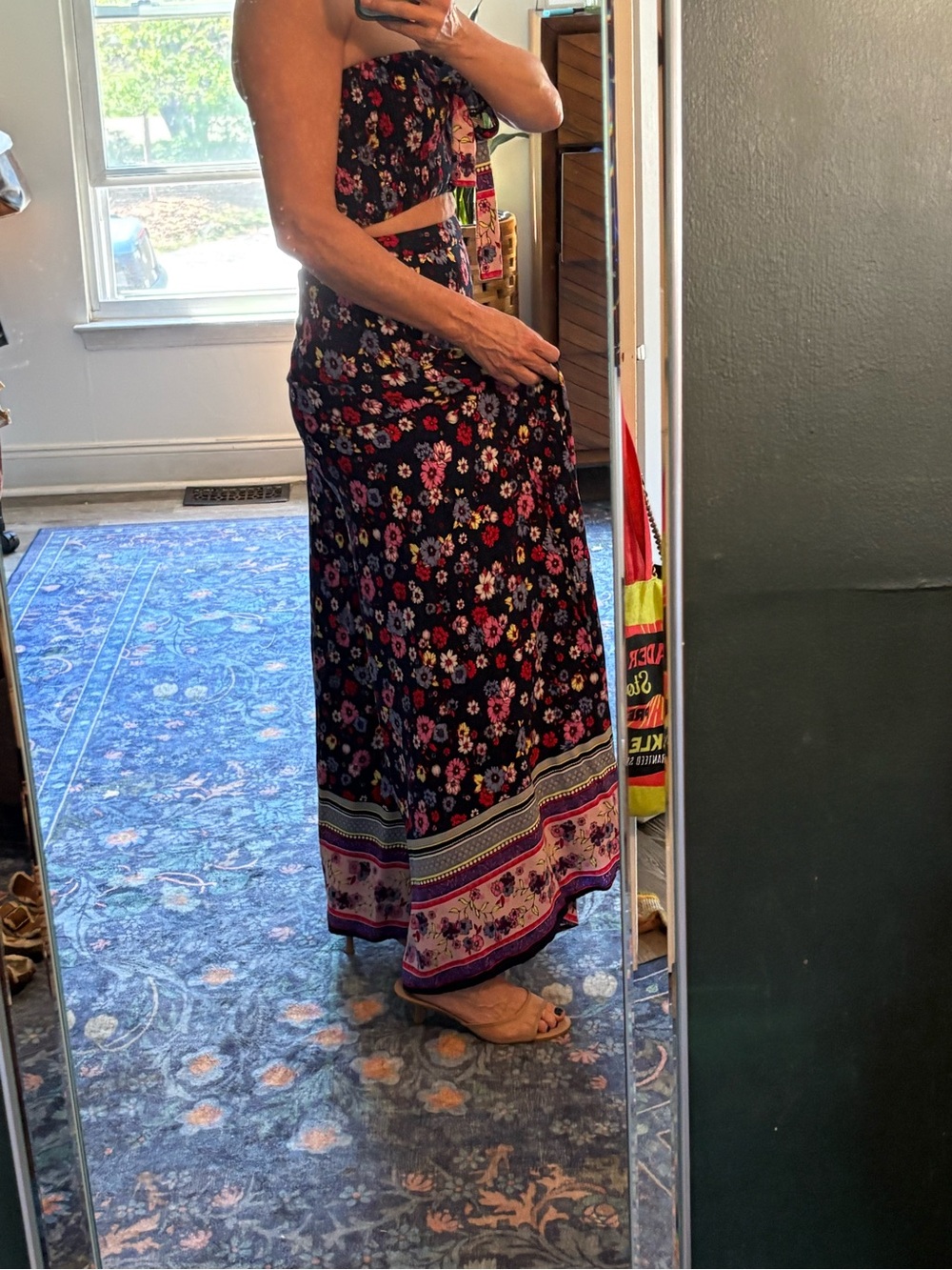 Floral Strapless Boho Wide Leg Pant Set - Navy with Pink & Purplw
